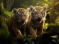 Two cute sumatran tiger cubs playing