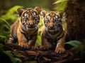 Two cute sumatran tiger cubs playing Royalty Free Stock Photo