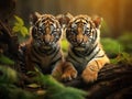 Two cute sumatran tiger cubs playing