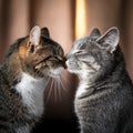 two cute tabby cats rubbing each other\'s nose, side view AI generated Royalty Free Stock Photo