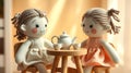 Two cute textile dolls are sitting at a table with a teapot and cups Royalty Free Stock Photo
