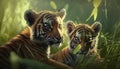 Two cute tiger cubs in the grass. Wildlife scene from nature.