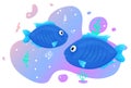 Two cute tropical fish in the sea. Brightly-coloured ocean fish. Underwater marine wild life. Vector illustration