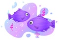 Two cute tropical fish in the sea. Brightly-coloured ocean fish. Underwater marine wild life. Vector illustration