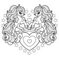 Two cute unicorns. Black and white linear drawing. Vector Royalty Free Stock Photo