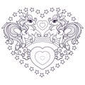 Two cute unicorns with hearts and stars. Black and white linear drawing. Vector Royalty Free Stock Photo