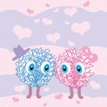 Two cute unknown creatures show love and tenderness to each other on pink sky background