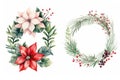 Two Cute watercolor Christmas wreaths from green twigs, mistletoe branches and flowers isolated on white background Royalty Free Stock Photo