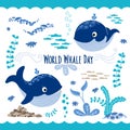 Two cute Whales in undersea world, fish, algae, reefs, stones, bubbles. World Whale Day Lettering. World whales day Royalty Free Stock Photo