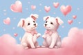 Two cute white dogs sitting on a blue background with pink hearts. The concept of Valentine's Day. Royalty Free Stock Photo