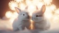 Two cute white furry rabbit hare sit close-up on a fur blanket against a beige background