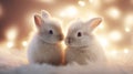 Two cute white furry rabbit hare sit close-up on a fur blanket against a beige background