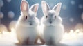 Two cute white furry rabbit hare sit close-up on a fur blanket against a blue background