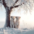 Two cute white lion cubs sitting under a frozen tree in a winter forest, winter morning wildlife, generative ai Royalty Free Stock Photo