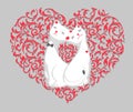 Two cute white lovers cartoon cat in pink floral pattern heart frame