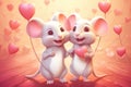 Two cute white mice in love with hearts. Valentines day background