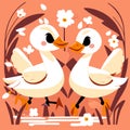 Two cute white swans in love on a pink background. AI generated