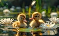 Two cute yellow ducklings swim in the water among water lilies and lotus flowers. Royalty Free Stock Photo