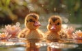 Two cute yellow ducklings are swimming in the water among the pink flowers. Royalty Free Stock Photo