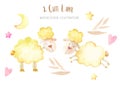 Two cute yellow lambs with flora Watercolor elements. Leaves, moon, stars, heart. Jumping lamb illustration. Royalty Free Stock Photo