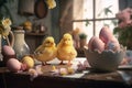 two cute yellow little easter chicks on a table top in a cozy home with decorated eggs - generative AI Royalty Free Stock Photo