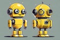 Two cute yellow robots are smiling. With a round head and a cubic body on a transparent background