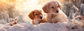 Two cute young golden retriever puppies playing in the snow in sunny day. Royalty Free Stock Photo