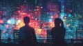 Two cybersecurity professionals attentively monitor complex data networks, analyzing cyber threats in a high-tech control room