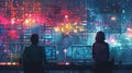Two cybersecurity professionals attentively monitor complex data networks, analyzing cyber threats in a high-tech control room