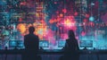 Two cybersecurity professionals attentively monitor complex data networks, analyzing cyber threats in a high-tech control room