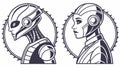 Two Cyborg Heads in Profile, Human-Machine Integration Concept, vector design Generative AI Royalty Free Stock Photo