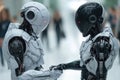 Two cyborgs shake hands, human interaction with AI
