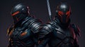 Two cyborgs with swords on a dark background. 3d rendering. gaming characters. cybernetic hi tech army robots. Futuristic soldiers