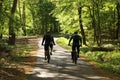 Two cyclists in the forest. Men on bikes during a sunny day. Photo of two men on bikes in the park from behind Royalty Free Stock Photo