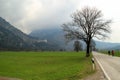 Two cyclists ride bikes along the road throw green grass field with background of 19th century fairy tale Neuschwanstein castle, Royalty Free Stock Photo