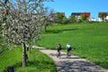 Two cyclists on a trail in a beautiful landscape in spring in the Odenwald, Germany