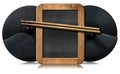 Two Cymbals of an Electronic Drum Kit with Drumsticks and Empty Blackboard