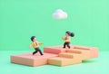 Two 3D characters in business attire are running towards each other on stylized staircase, symbolizing collaboration and progress