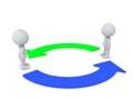 Two 3D Characters with green and blue arrows circled around them