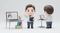 Two Chibi Software Testers Present Data on Laptops and Desktop Computer, Isolated on White Background