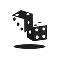 Two 3d dice logo black and white illustration in negative space style, a pair cubes of isometric shape in flight