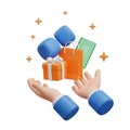3D Hands Reaching for Floating Shopping Items Including Gift Box and Bag on a White Background for Online Shopping Concept Royalty Free Stock Photo