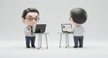 Two Chibi Korean Male Software Developers Working at Laptops Isolated on White Background