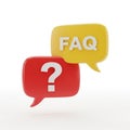 Two 3D speech bubbles one red with a white question mark and one yellow with white text FAQ on a white background Royalty Free Stock Photo