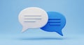 Two 3D speech bubbles, one white and one blue, overlapping on a light blue background chat communication Royalty Free Stock Photo