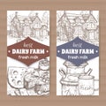 Two dairy farm shop labels with farmhouse, milk can, mug and cheese plate.