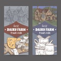 Two dairy farm shop labels with farmhouse, milk can, mug and color cheese plate.