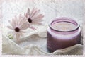 Two Daisies rapped in lace with purple candle on grungy background