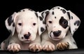 Two Dalmatian puppies on dark background for pet vet care card design Royalty Free Stock Photo