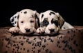 Two Dalmatian puppies in pet bed on dark background for pet vet care card design Royalty Free Stock Photo